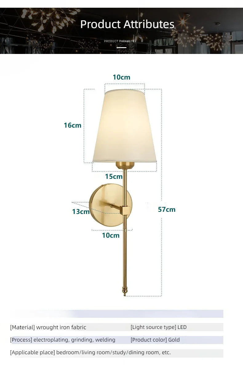 American Industrial Style Wall Lamp Fabric Lampshade Bedroom Bedside Sconces Retro Bathroom Night Light Fixture Home Decoration