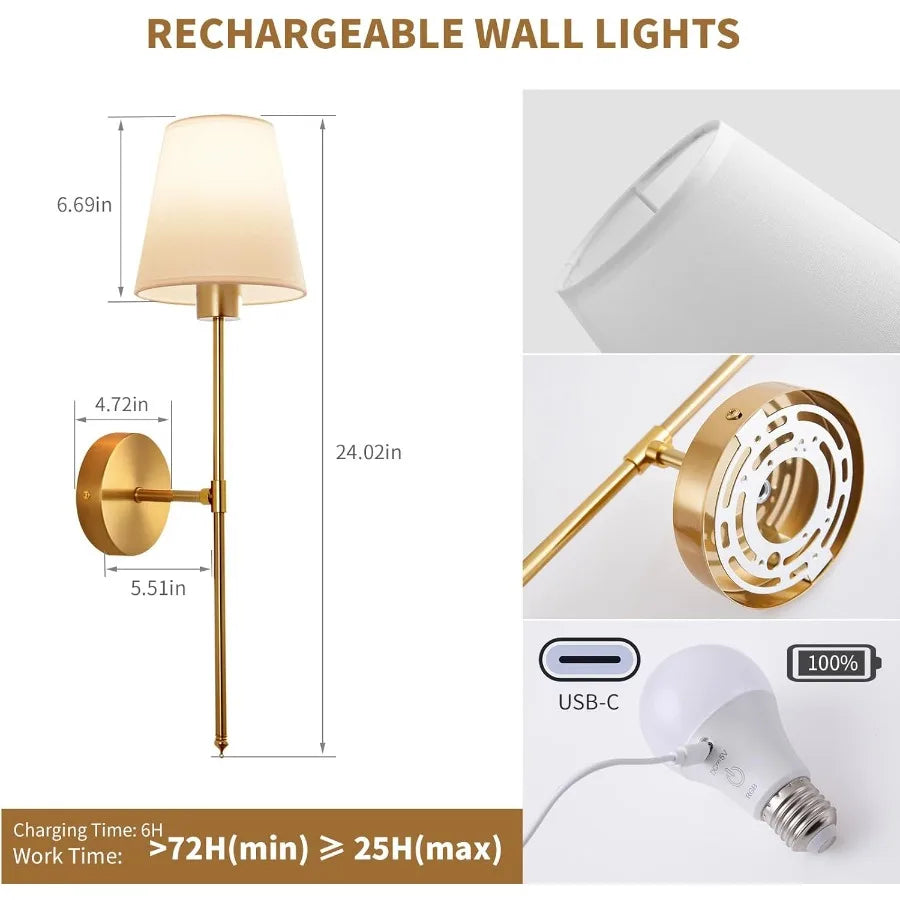 Battery Operated Wall Sconce Set of 2 Gold Rechargeable Wireless Wall Lights with Remote Dimmable RGB LED Bulbs 13 Color Option