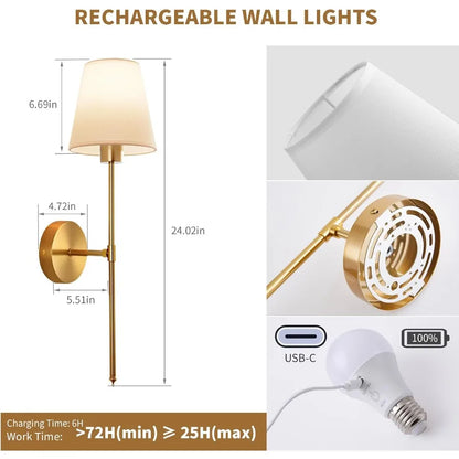 Battery Operated Wall Sconce Set of 2 Gold Rechargeable Wireless Wall Lights with Remote Dimmable RGB LED Bulbs 13 Color Option