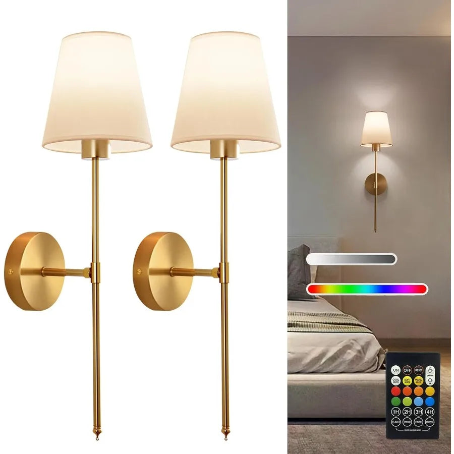 Battery Operated Wall Sconce Set of 2 Gold Rechargeable Wireless Wall Lights with Remote Dimmable RGB LED Bulbs 13 Color Option
