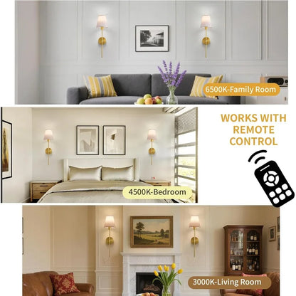 Battery Operated Wall Sconce Set of 2 Gold Rechargeable Wireless Wall Lights with Remote Dimmable RGB LED Bulbs 13 Color Option